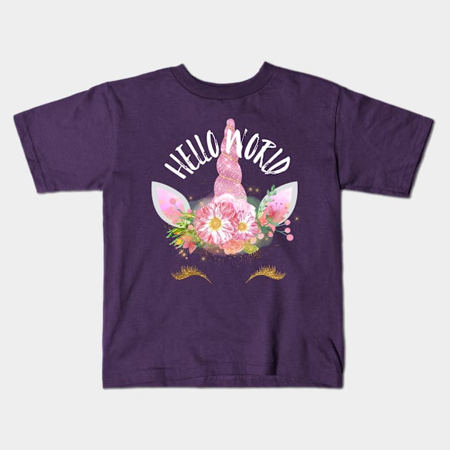 Hello World Unicorn Kids T-Shirt by chrissyloo